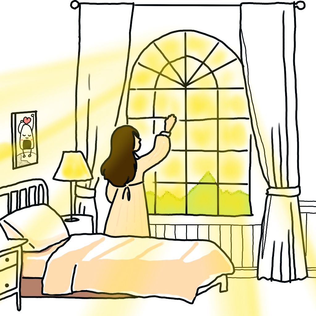 朝、窓辺で背伸びをする女性の挿絵