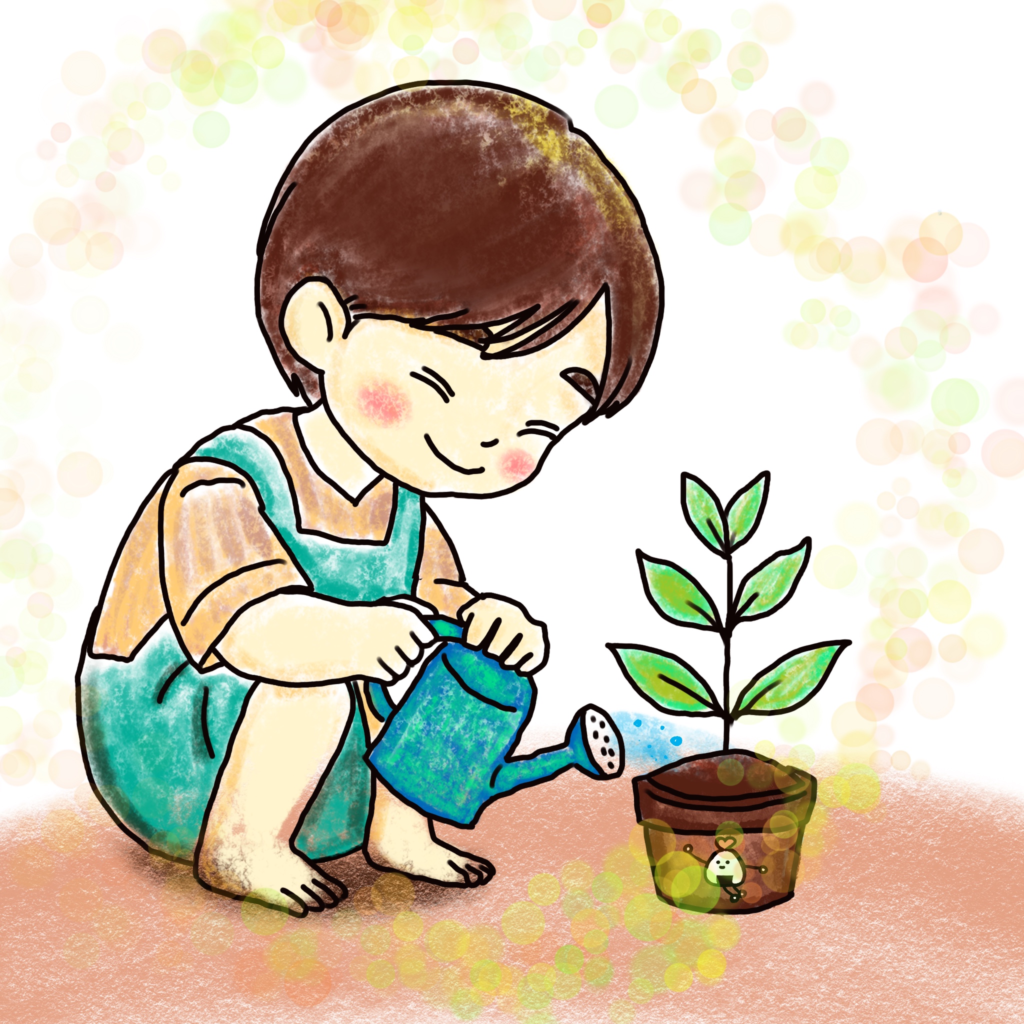 芽に水をあげる子どもの挿絵